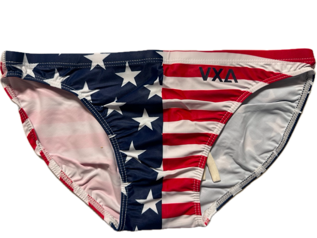VXA men’s competitive swim brief in American flag print with stars and stripes, front view