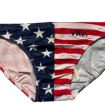 VXA men’s competitive swim brief in American flag print with stars and stripes, front view