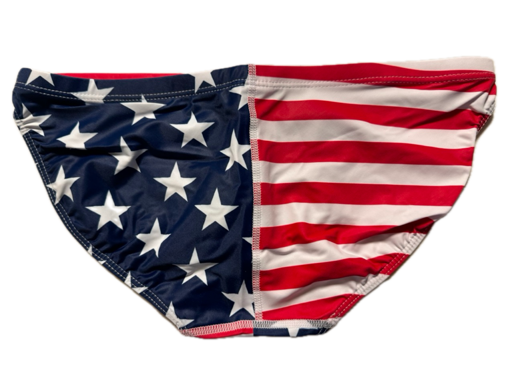 VXA men’s competitive swim brief in American flag print with stars and stripes, back view