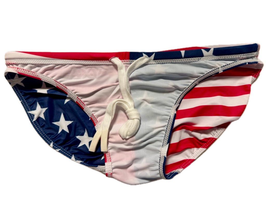 VXA men’s competitive swim brief in American flag print with stars and stripes, front view inside
