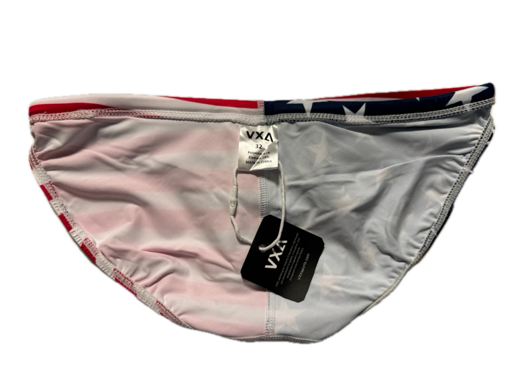 VXA men’s competitive swim brief in American flag print with stars and stripes, back view inside