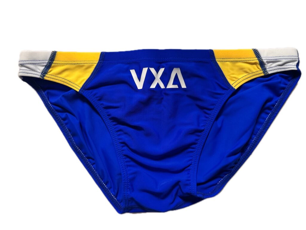 VXA men’s competitive swim brief in blue with white logo, front view