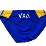 VXA men’s competitive swim brief in blue with white logo, front view