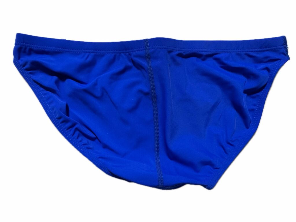 VXA men’s competitive swim brief in blue with white logo, back view