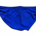 VXA men’s competitive swim brief in blue with white logo, back view
