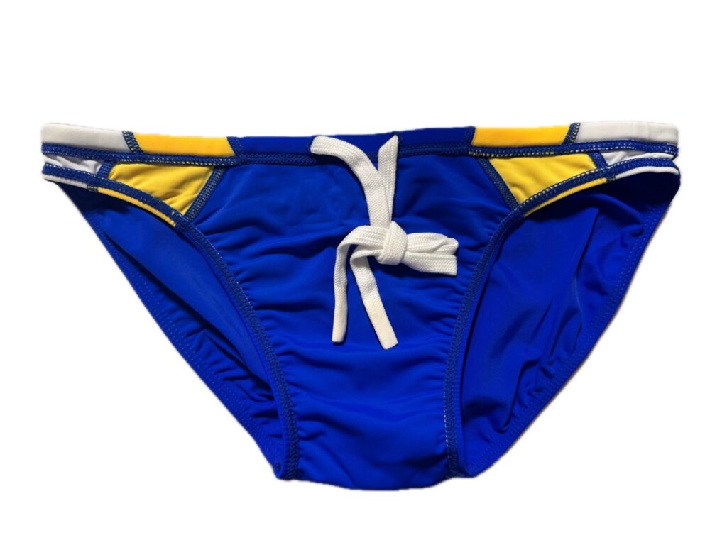 VXA men’s competitive swim brief in blue with white logo, front view inside