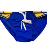 VXA men’s competitive swim brief in blue with white logo, front view inside