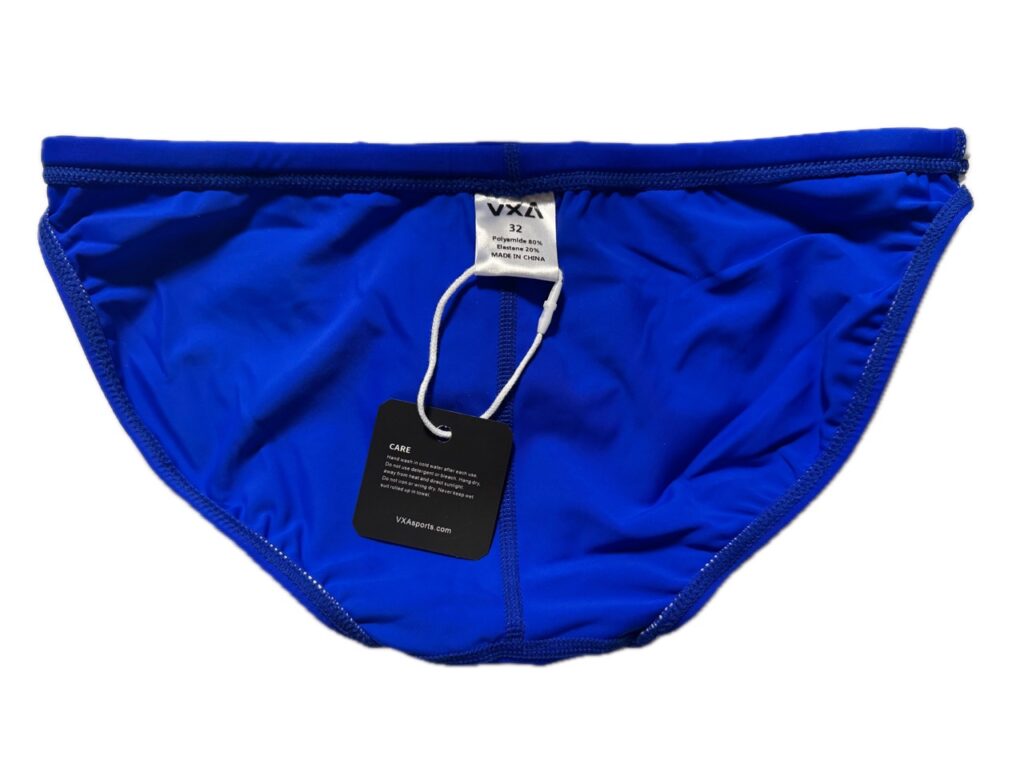 VXA men’s competitive swim brief in blue with white logo, back view inside