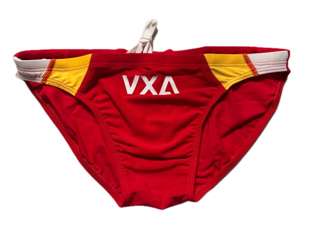 VXA men’s competitive swim brief in Red with white logo, front view