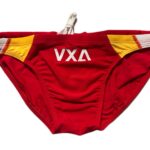 VXA men’s competitive swim brief in Red with white logo, front view