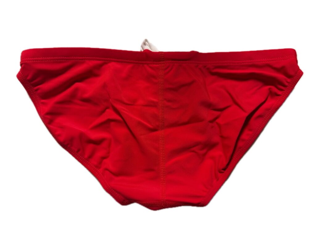 VXA men’s competitive swim brief in Red with white logo, back view