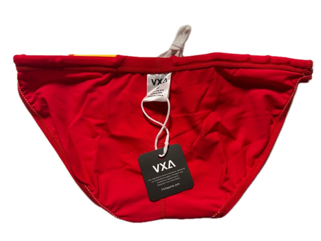 VXA men’s competitive swim brief in Red with white logo, back view inside