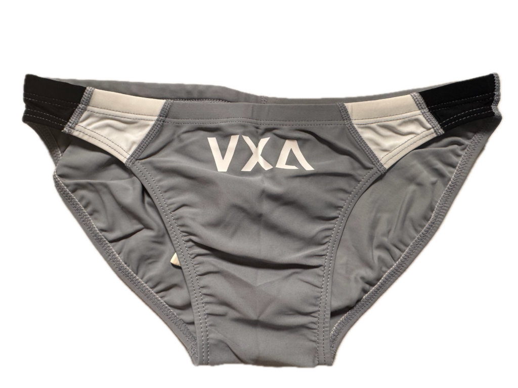 VXA men’s competitive swim brief in Gray with white logo, front view