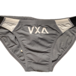 VXA men’s competitive swim brief in Gray with white logo, front view
