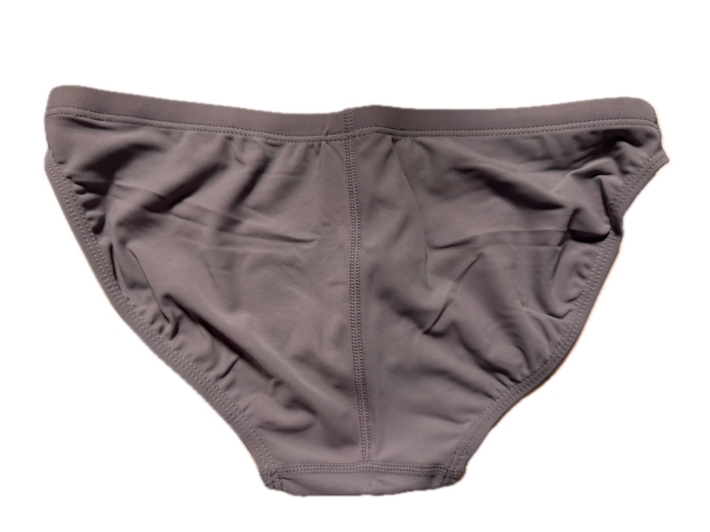 VXA men’s competitive swim brief in Gray with white logo, back view