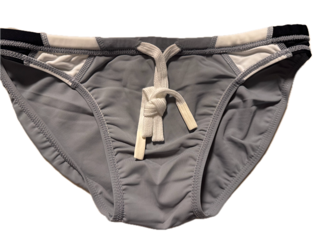 VXA men’s competitive swim brief in Gray with white logo, front view inside