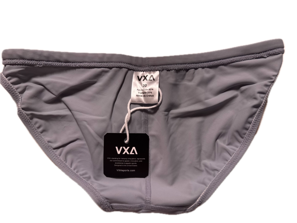 VXA men’s competitive swim brief in Gray with white logo, back view inside