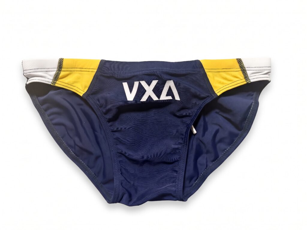 VXA men’s competitive swim brief in Navy with white logo, front view