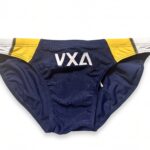 VXA men’s competitive swim brief in Navy with white logo, front view