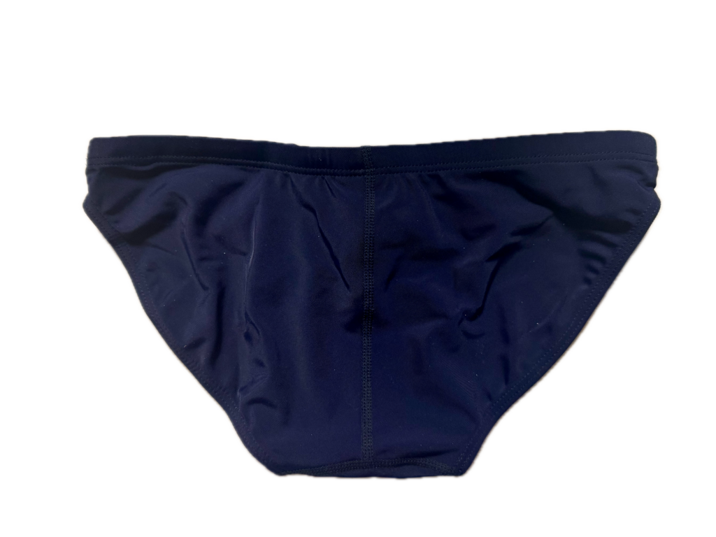 VXA men’s competitive swim brief in Navy with white logo, back view