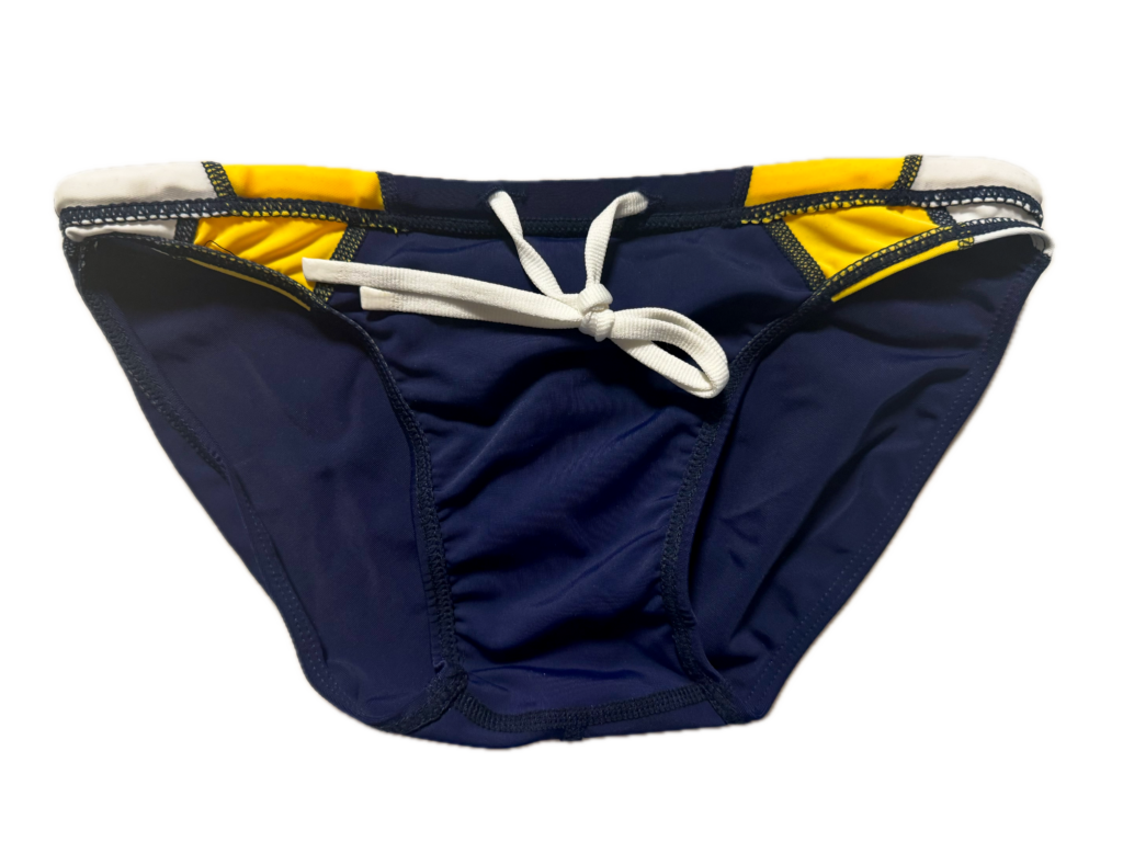 VXA men’s competitive swim brief in Navy with white logo, front view inside