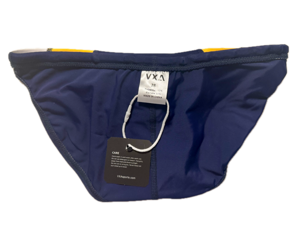 VXA men’s competitive swim brief in Navy with white logo, back view inside