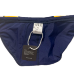 VXA men’s competitive swim brief in Navy with white logo, back view inside