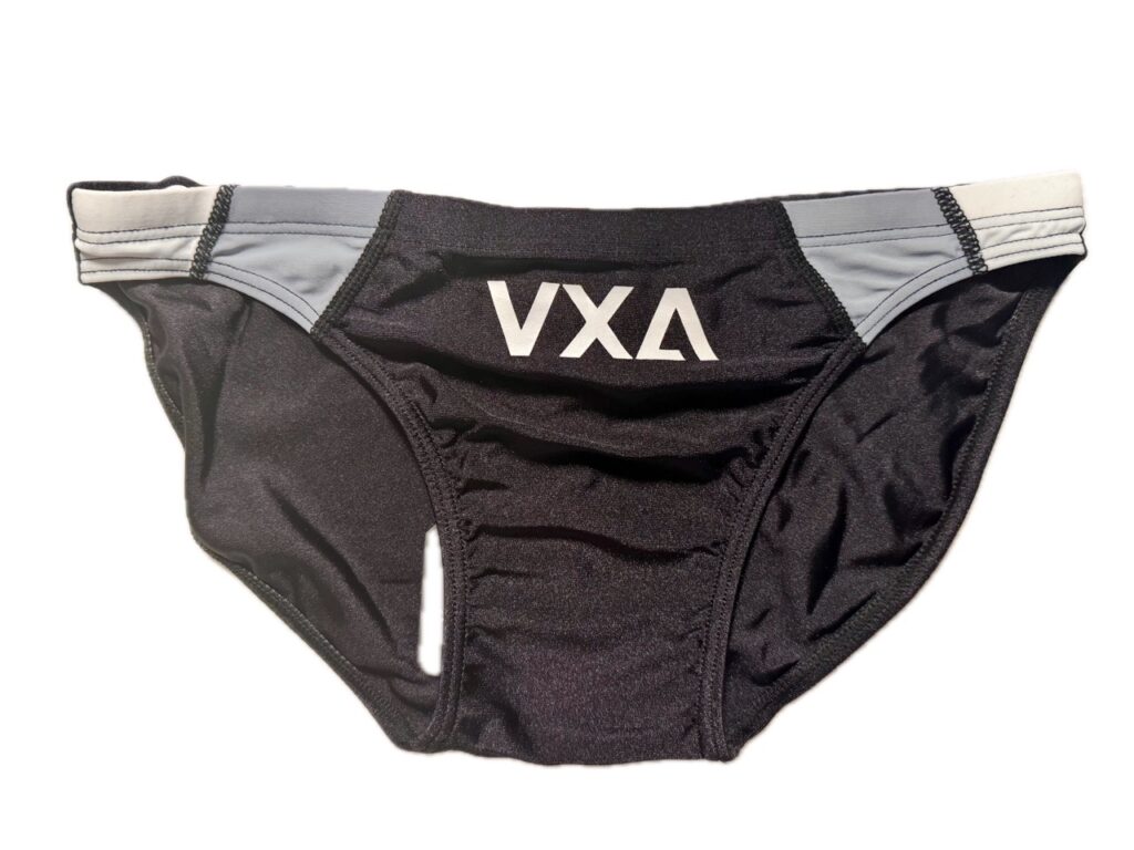 VXA men’s competitive swim brief in glossy black with white logo, front view