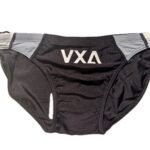 VXA men’s competitive swim brief in glossy black with white logo, front view