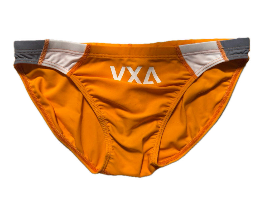 VXA men’s competitive swim brief in orange with white logo, front view