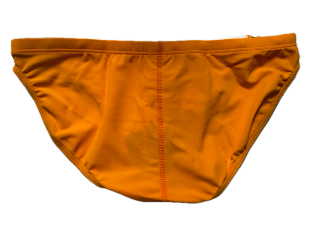 VXA men’s competitive swim brief in orange with white logo, back view