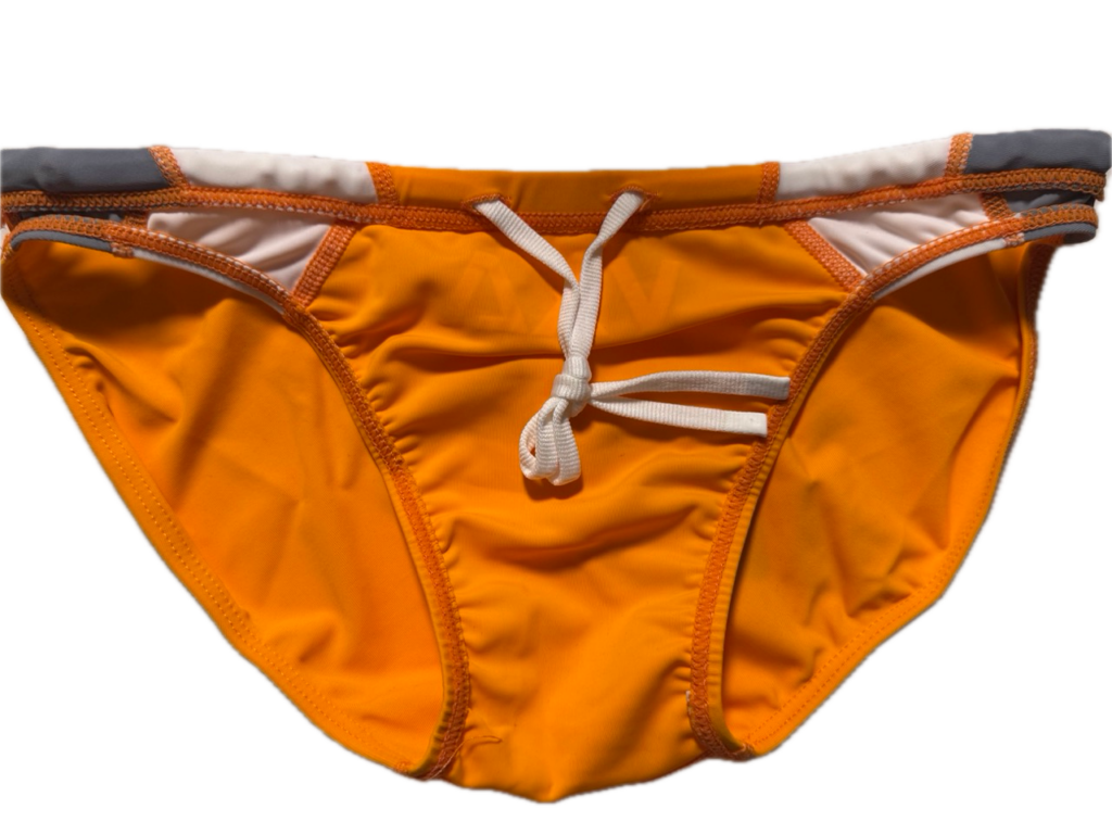 VXA men’s competitive swim brief in orange with white logo, front view inside