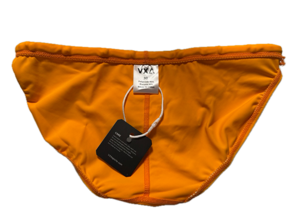 VXA men’s competitive swim brief in orange with white logo, back view inside