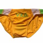 VXA men’s competitive swim brief in yellow with green logo, front view