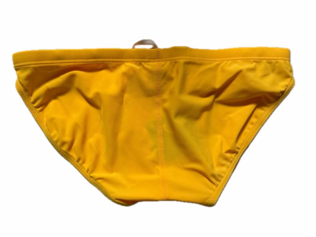 VXA men’s competitive swim brief in yellow with green logo, Back view