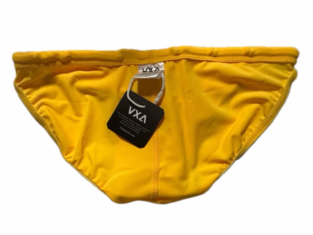 VXA men’s competitive swim brief in yellow with green logo, back view inside