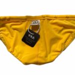 VXA men’s competitive swim brief in yellow with green logo, back view inside