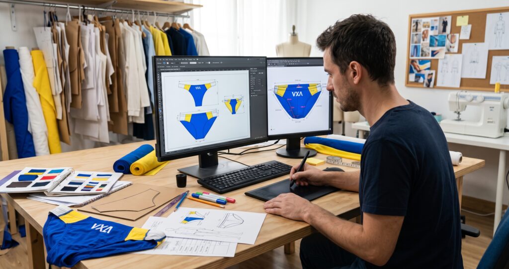 A designer at an apparel studio using CAD software and a tablet to design a VXA blue, yellow, and white patterned swim brief, with a physical sample, paper patterns, and fabric rolls on the workbench.